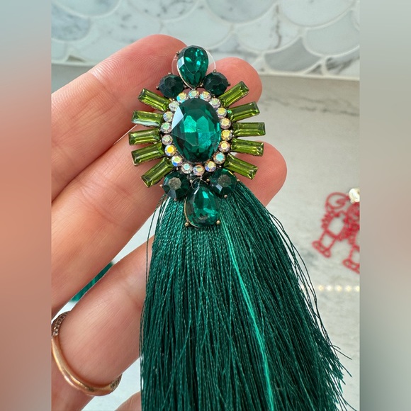 Jeweled, green tassel earrings - Picture 6 of 7